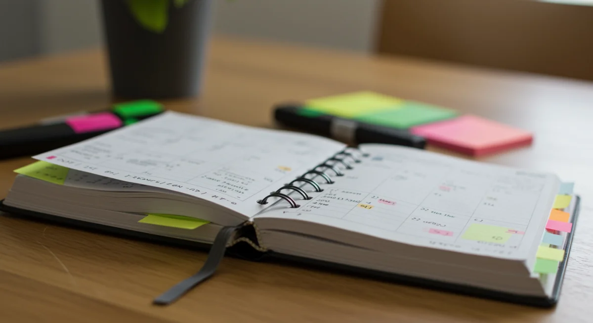 Agenda detalhada com anotações coloridas e canetas, simbolizando organização e planejamento de estudos.