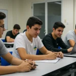Alunos de cursos técnicos gratuitos interagindo e construindo networking em sala de aula.