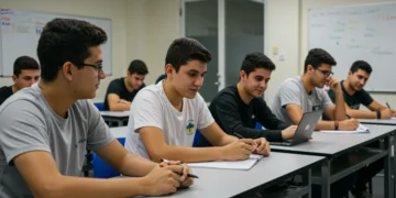 Alunos de cursos técnicos gratuitos interagindo e construindo networking em sala de aula.