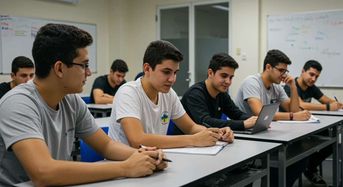 Alunos de cursos técnicos gratuitos interagindo e construindo networking em sala de aula.