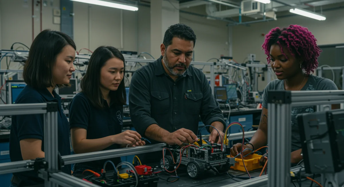Alunos colaborando em projeto técnico em laboratório, simbolizando aprendizado prático e networking.