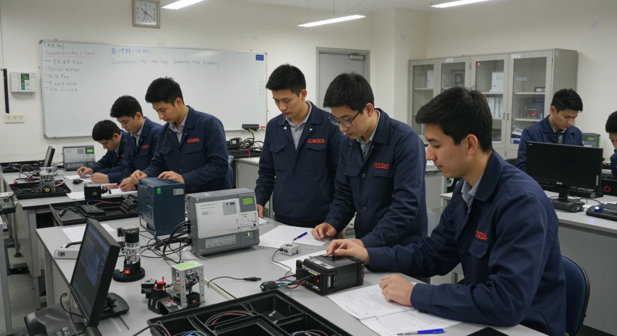 Alunos em aula prática de automação industrial com PLCs e robôs.