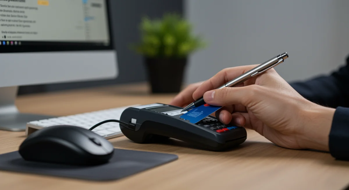 Pessoa utilizando leitor de smart card para assinatura digital, exemplificando autenticação forte e segurança de dados.
