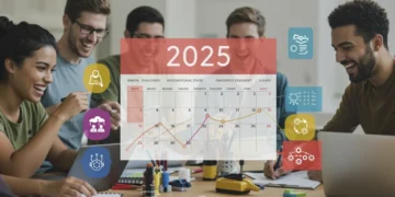 Calendário 2025 com datas importantes para cursos técnicos gratuitos e estudantes em aprendizado.
