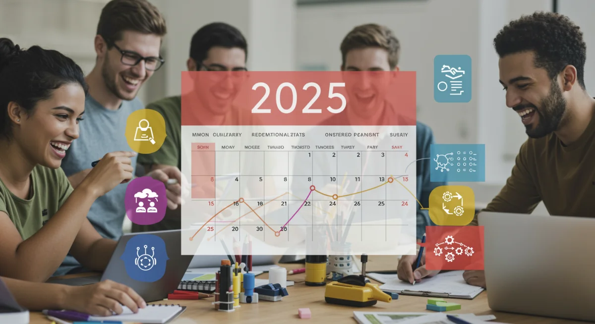 Calendário 2025 com datas importantes para cursos técnicos gratuitos e estudantes em aprendizado.