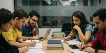 Candidatos estudando com dedicação para concursos públicos, simbolizando preparação e esperança para as provas de 2025.