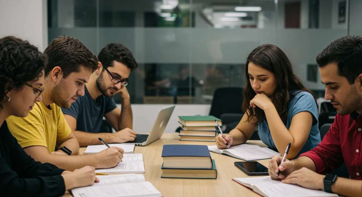 Candidatos estudando com dedicação para concursos públicos, simbolizando preparação e esperança para as provas de 2025.