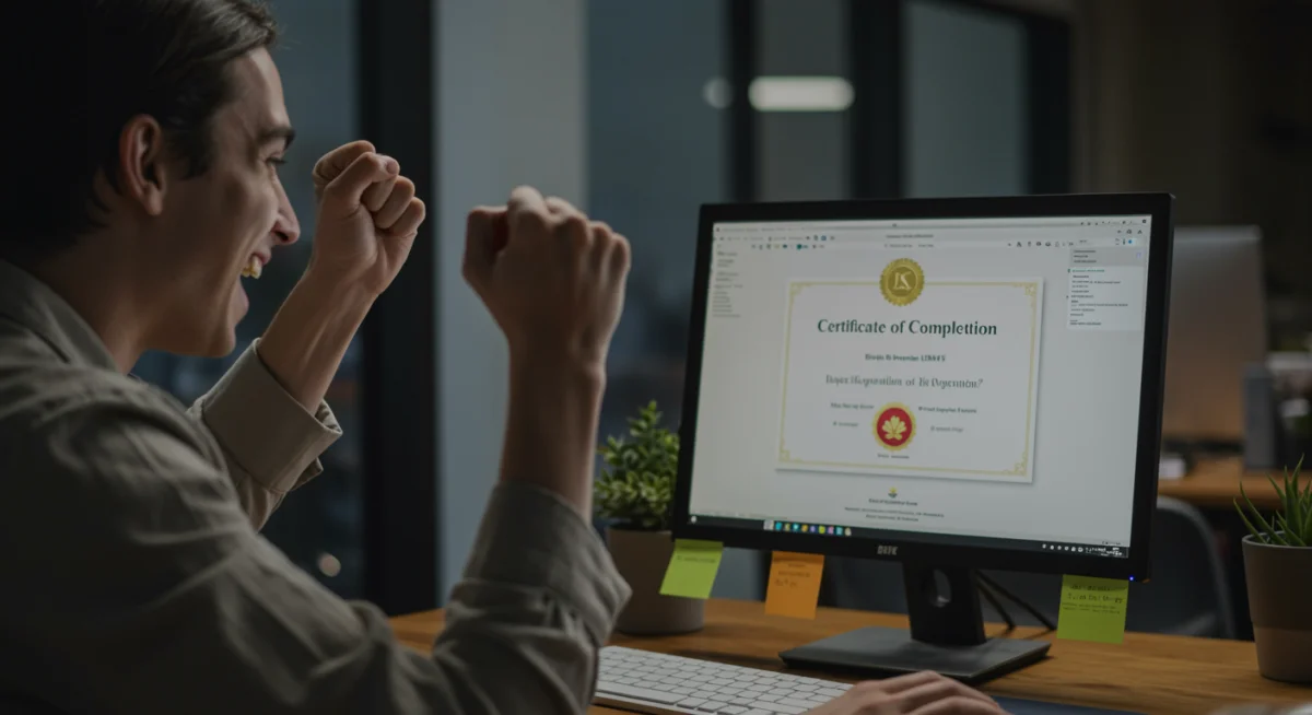 Pessoa sorrindo e celebrando a conclusão de um curso online, com um certificado digital na tela do computador.