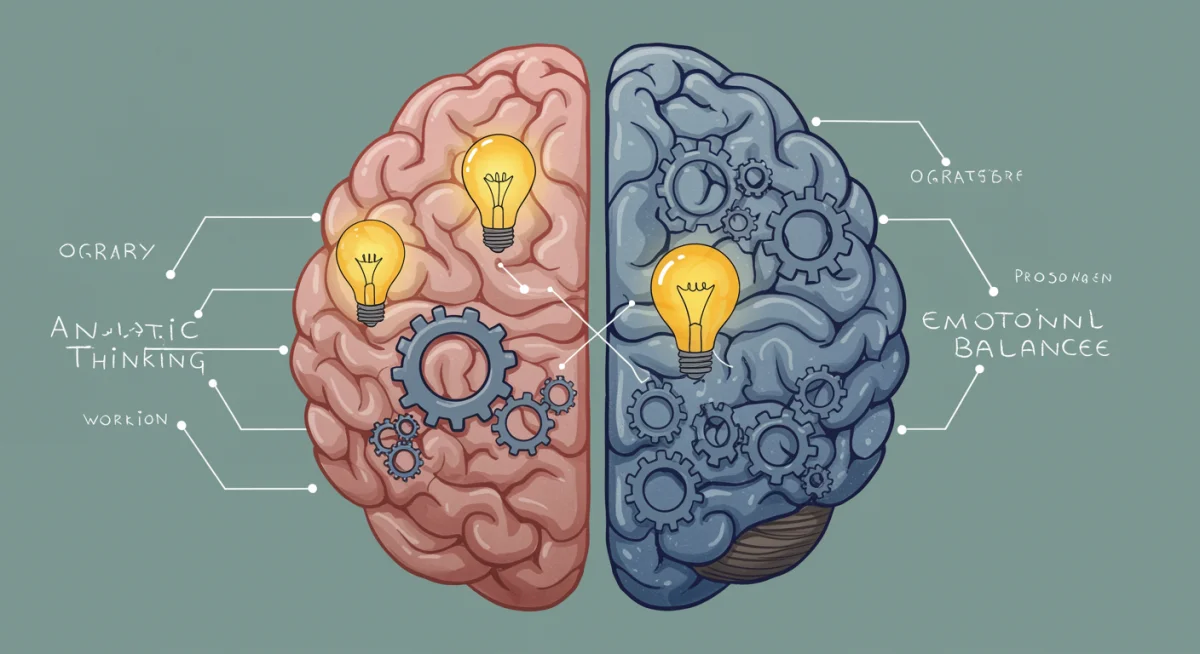 Cérebro com engrenagens e lâmpadas, simbolizando a harmonia entre razão e emoção no processo de estudo e aprovação.