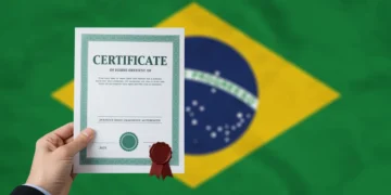 Mão segurando certificado de curso livre com data de 2025, simbolizando validade legal no Brasil.