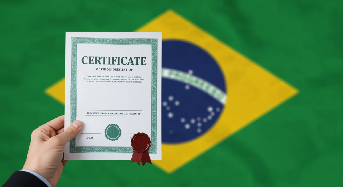 Mão segurando certificado de curso livre com data de 2025, simbolizando validade legal no Brasil.