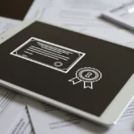 Ícone de certificado digital em tela de tablet com documentos oficiais, representando segurança para concursos públicos 2025.