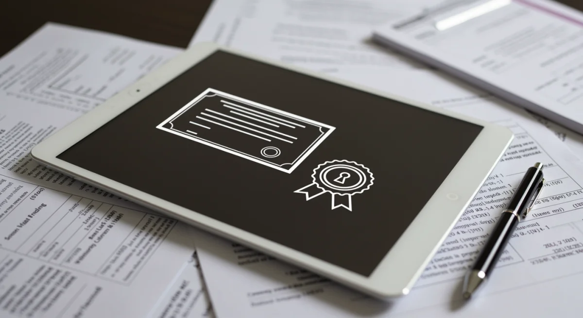 Ícone de certificado digital em tela de tablet com documentos oficiais, representando segurança para concursos públicos 2025.