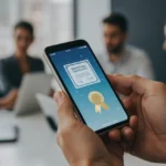 Mãos segurando um smartphone com certificado digital, simbolizando as novas regras de certificação profissional.