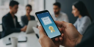 Mãos segurando um smartphone com certificado digital, simbolizando as novas regras de certificação profissional.