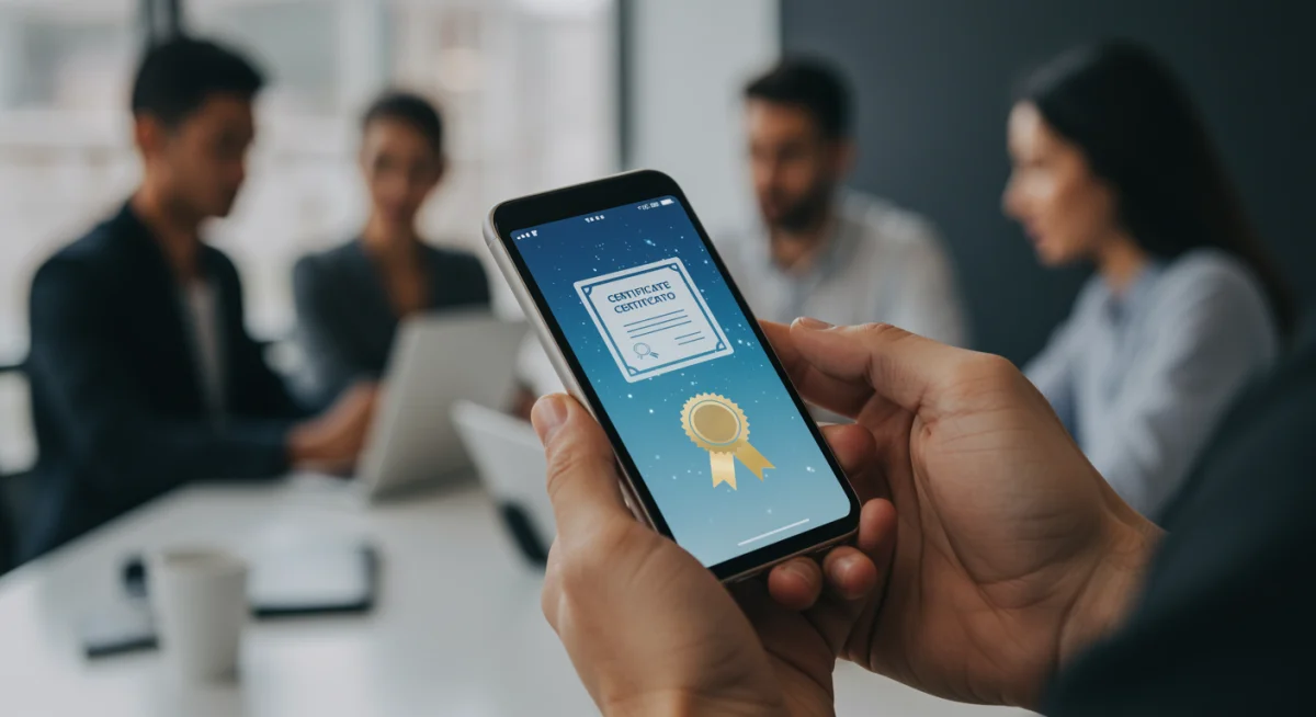 Mãos segurando um smartphone com certificado digital, simbolizando as novas regras de certificação profissional.
