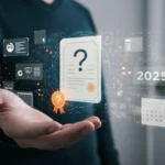 Pessoa segurando um certificado com ponto de interrogação, simbolizando a dúvida sobre a validade de cursos online em 2025.