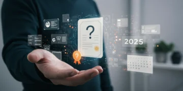 Pessoa segurando um certificado com ponto de interrogação, simbolizando a dúvida sobre a validade de cursos online em 2025.
