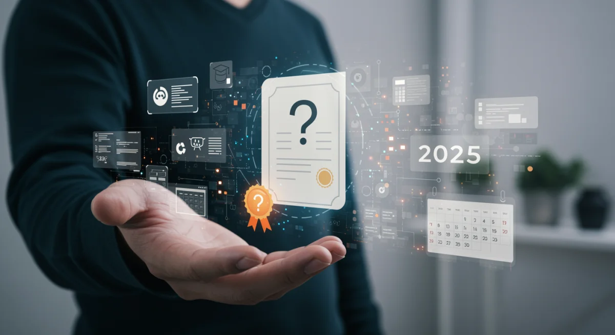 Pessoa segurando um certificado com ponto de interrogação, simbolizando a dúvida sobre a validade de cursos online em 2025.