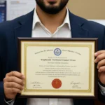 Pessoa segurando certificado técnico validado em 2025 para concursos públicos.
