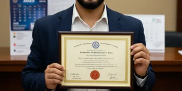 Pessoa segurando certificado técnico validado em 2025 para concursos públicos.