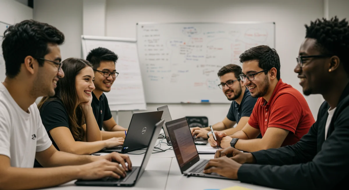 Jovens colaborando em projeto de programação, representando a inclusão e o aprendizado prático em cursos de tecnologia.