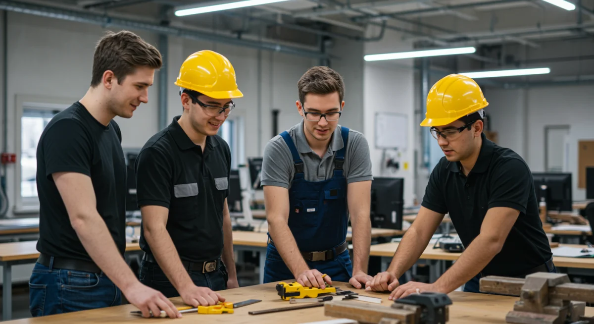 Jovens profissionais colaborando em ambiente de trabalho moderno, representando o sucesso e as oportunidades pós-curso técnico.