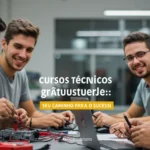Jovens adultos empolgados aprendendo em um curso técnico gratuito, com ferramentas e tecnologia, em um ambiente de desenvolvimento profissional.