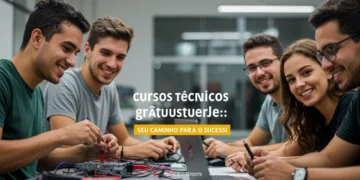 Jovens adultos empolgados aprendendo em um curso técnico gratuito, com ferramentas e tecnologia, em um ambiente de desenvolvimento profissional.
