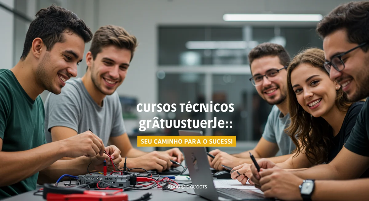 Jovens adultos empolgados aprendendo em um curso técnico gratuito, com ferramentas e tecnologia, em um ambiente de desenvolvimento profissional.