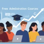 Pessoas diversas estudando administração online em laptops, com gráficos de crescimento ao fundo, simbolizando o impacto dos cursos gratuitos na abertura de negócios em 2025.