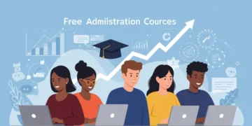 Pessoas diversas estudando administração online em laptops, com gráficos de crescimento ao fundo, simbolizando o impacto dos cursos gratuitos na abertura de negócios em 2025.