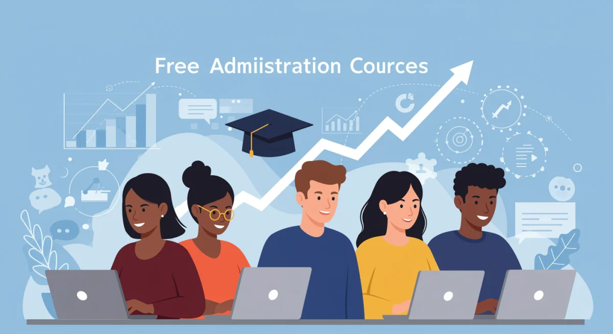 Pessoas diversas estudando administração online em laptops, com gráficos de crescimento ao fundo, simbolizando o impacto dos cursos gratuitos na abertura de negócios em 2025.