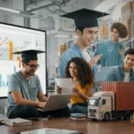 Estudantes engajados em cursos gratuitos de logística online, com elementos que representam a cadeia de suprimentos e o transporte de mercadorias.