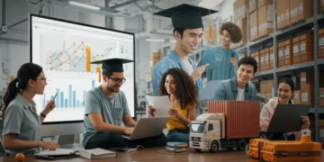 Estudantes engajados em cursos gratuitos de logística online, com elementos que representam a cadeia de suprimentos e o transporte de mercadorias.