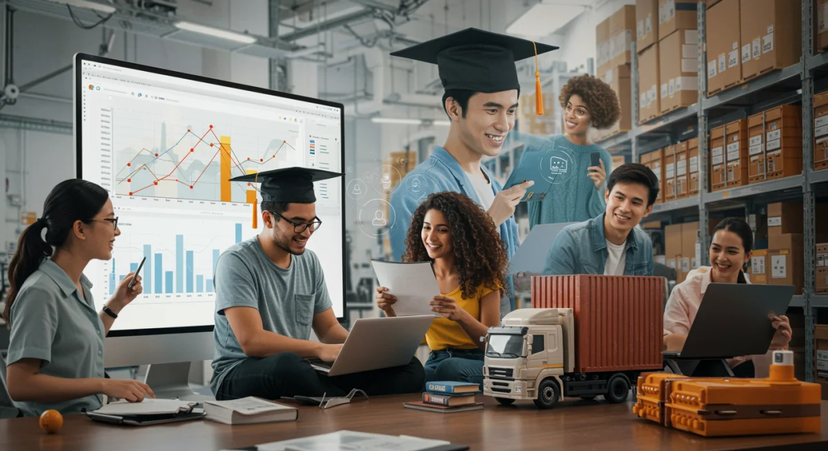 Estudantes engajados em cursos gratuitos de logística online, com elementos que representam a cadeia de suprimentos e o transporte de mercadorias.