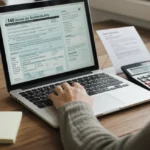 Pessoa jovem organizando documentos e preenchendo formulários de Imposto de Renda para declarar bolsa de estudo.
