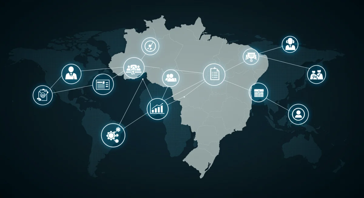 Rede de pequenos negócios e empreendedores conectados, com ícones de diversos setores e um mapa sutil do Brasil ao fundo, representando o ecossistema empreendedor.