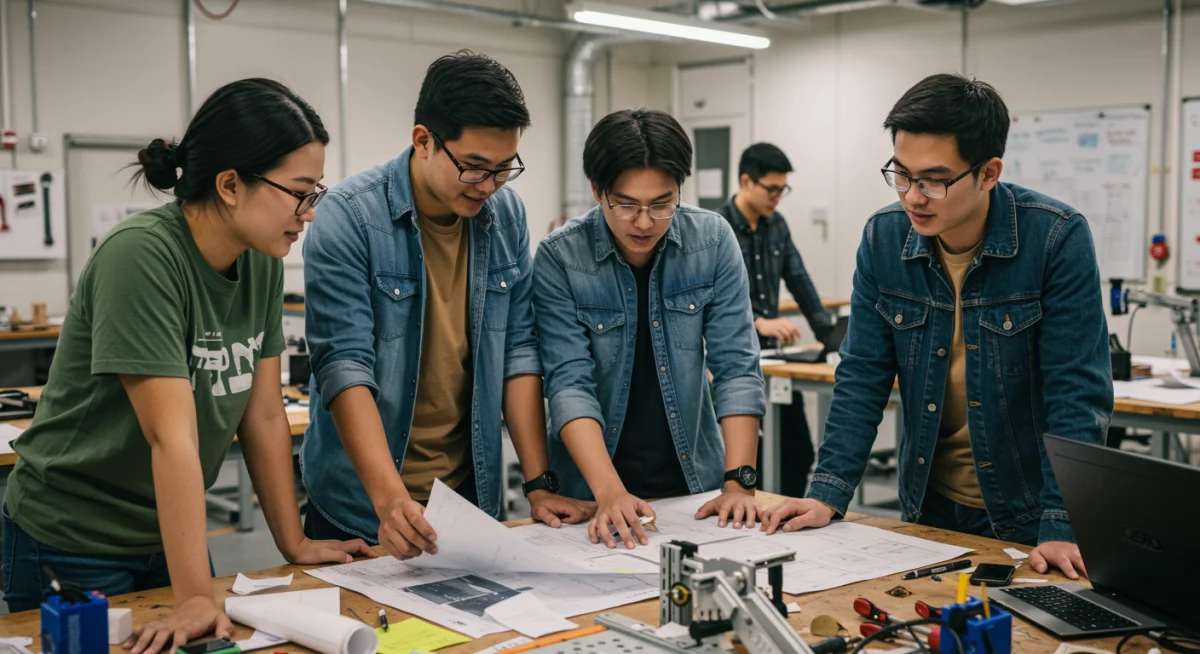 Estudantes colaborando em projeto de energia sustentável com painéis solares e turbinas eólicas.