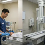 Técnico em Enfermagem prestando cuidados e Técnico em Radiologia operando equipamento, comparando as duas profissões.