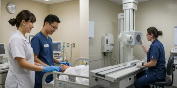 Técnico em Enfermagem prestando cuidados e Técnico em Radiologia operando equipamento, comparando as duas profissões.