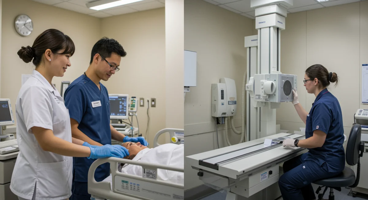 Técnico em Enfermagem prestando cuidados e Técnico em Radiologia operando equipamento, comparando as duas profissões.