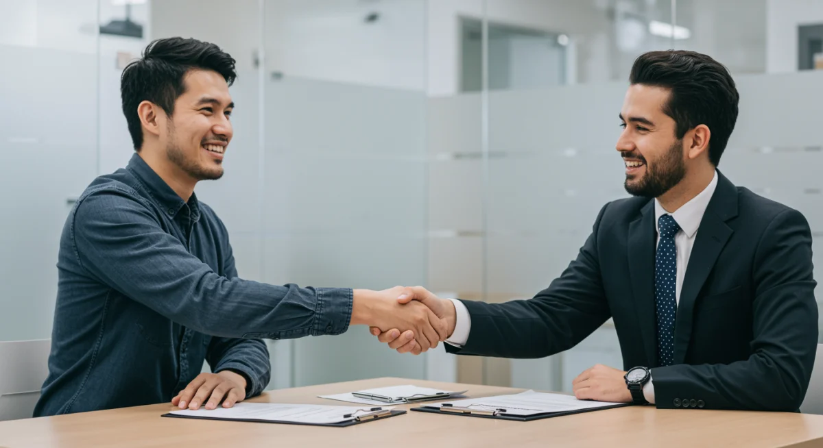 Profissional apertando a mão de um recrutador em uma entrevista de emprego, simbolizando sucesso após a obtenção de um certificado técnico.