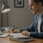 Pessoa estudando em casa, com laptop e livros, conciliando estudos e trabalho em cursos técnicos gratuitos.