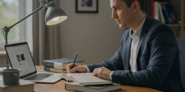 Pessoa estudando em casa, com laptop e livros, conciliando estudos e trabalho em cursos técnicos gratuitos.