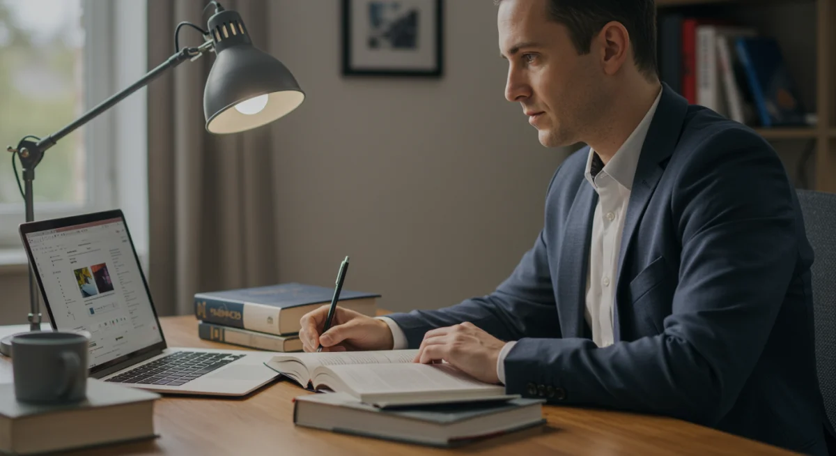 Pessoa estudando em casa, com laptop e livros, conciliando estudos e trabalho em cursos técnicos gratuitos.