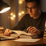 Pessoa estudando para concursos públicos enquanto trabalha, com livros e computador em uma mesa organizada.