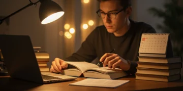 Pessoa estudando para concursos públicos enquanto trabalha, com livros e computador em uma mesa organizada.