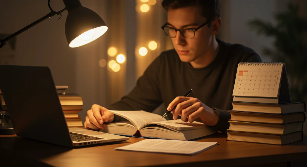 Pessoa estudando para concursos públicos enquanto trabalha, com livros e computador em uma mesa organizada.
