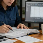 Estudante focado em livros e computador, preparando-se para concursos da área fiscal no Brasil.